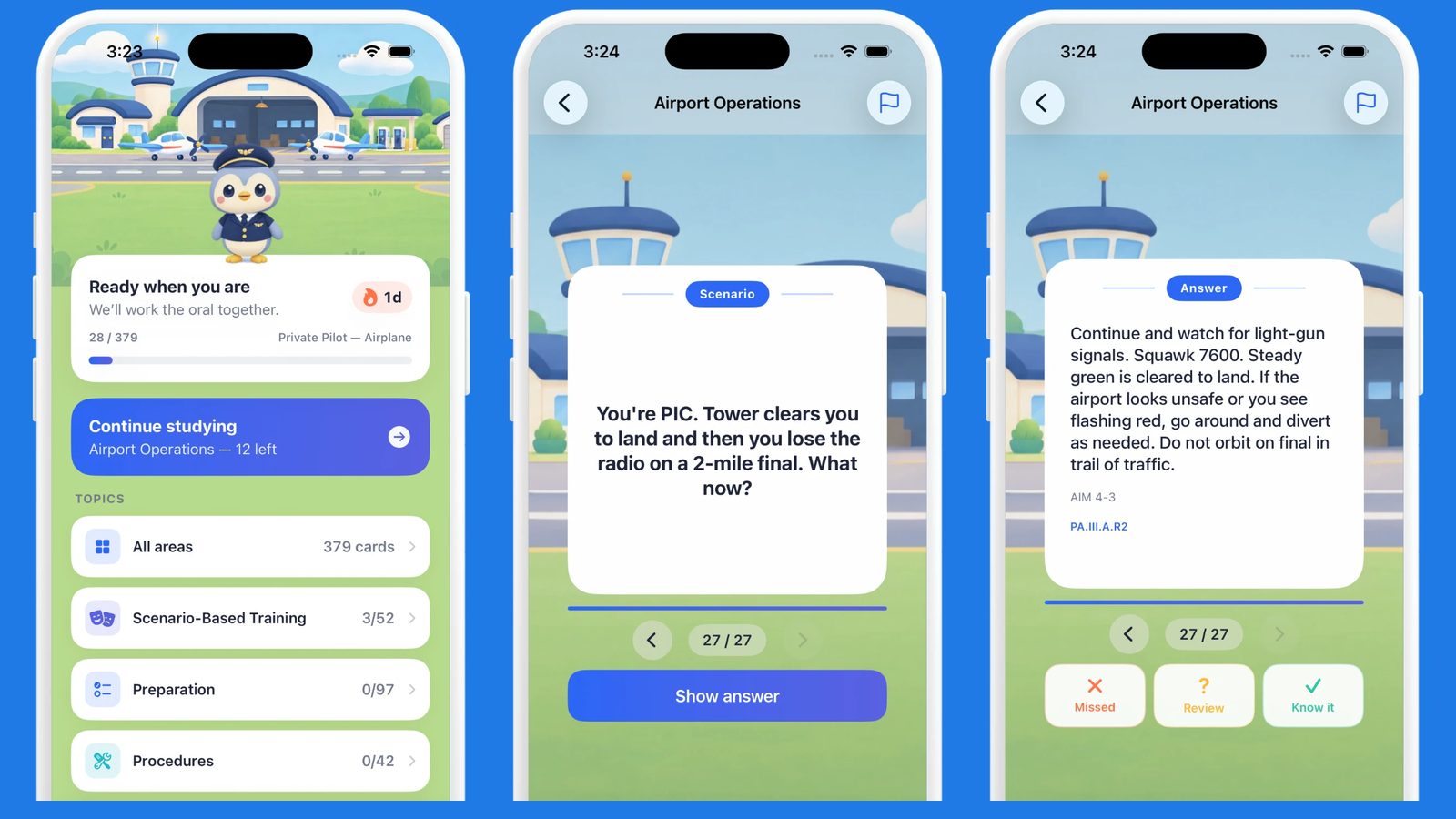 Checkride Flashcards app screens shown on three iPhones